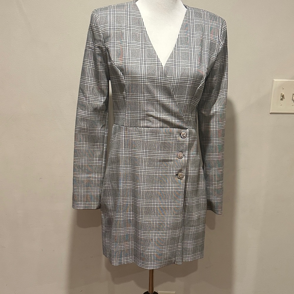 Zara Gray Checkered Long Sleeve Dress